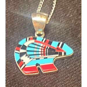 Native American Sterling Turquoise, Coral, Shell and Onyx Bear Pendant w/Chain